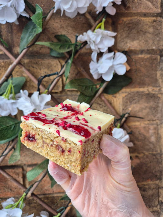 Raspberry and white chocolate flapjack